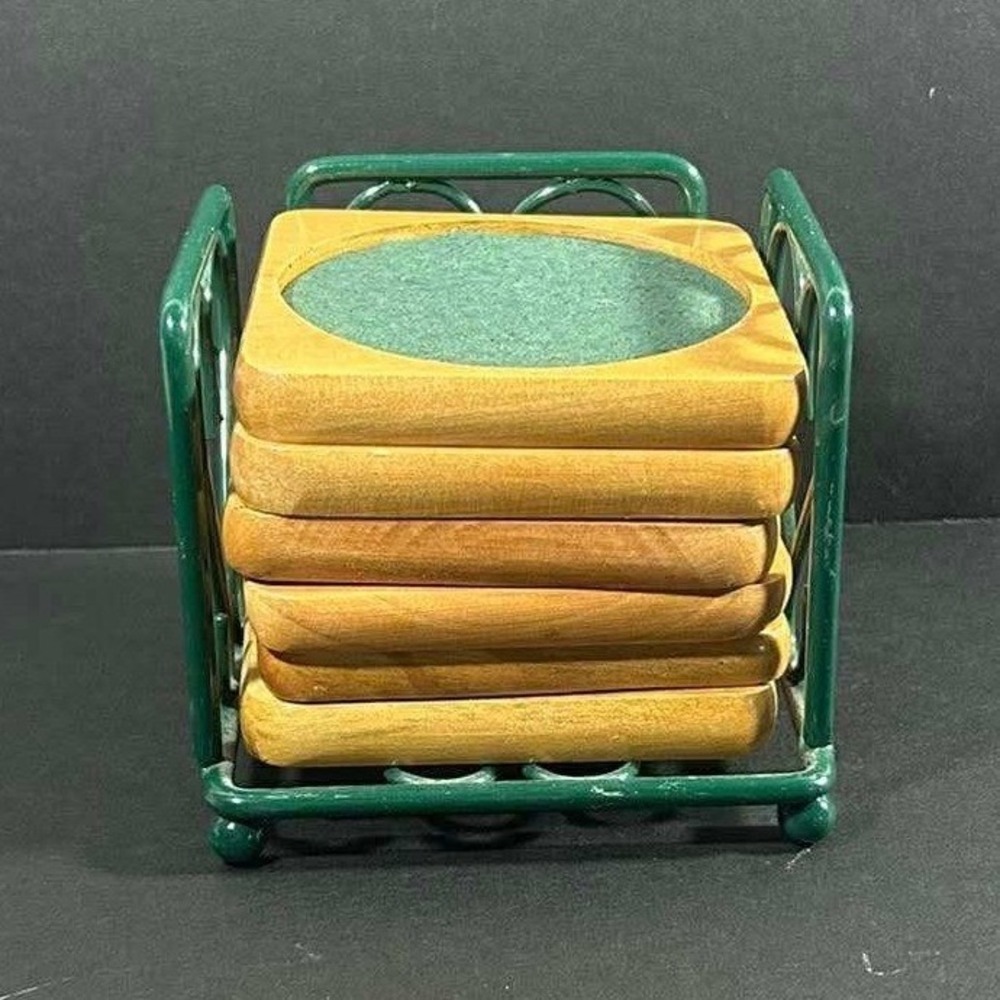 Coaster Set Brown Green Wood Metal Wire Heart Caddy Vintage Cottagecore 6pc OS